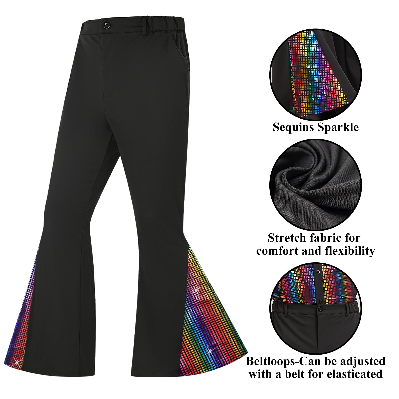 Ezuwail Herren 70er Jahre Disco Outfit Kostüm Kurzarmhemden Schlaghosen Perücken Halskette Schnurrbart Sonnenbrille 6Pcs