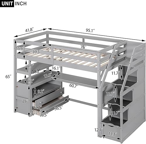 Miniatura 20 de Quarte Cama alta multifuncional, cama alta tamaño matrimonial con escritorio integrado y estantes de almacenamiento, dos cajones y escalera de
