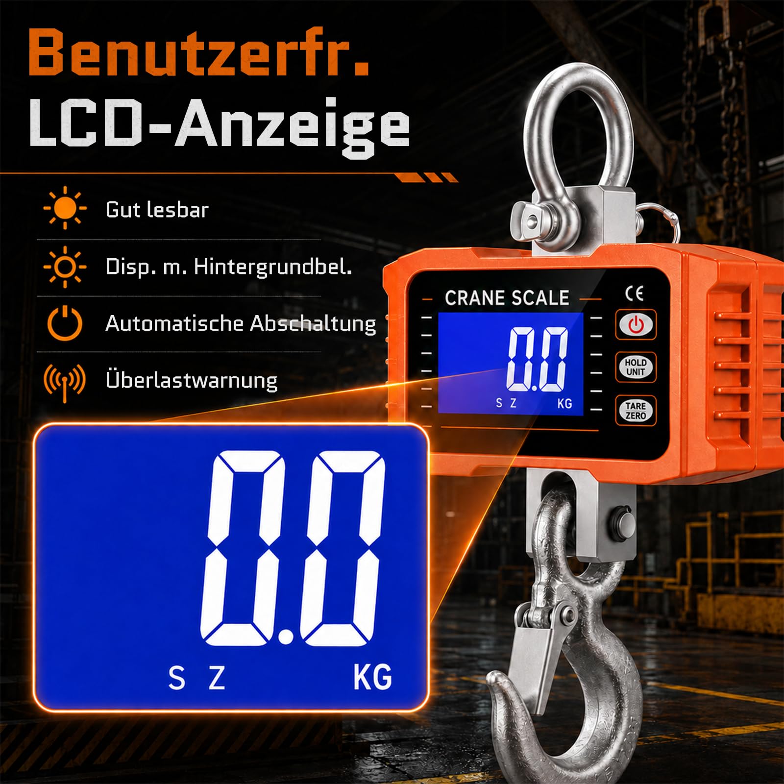 Kranwaage, 2000kg Digitale Hängende Waage mit Fernbedienung Industrielle Hängewaage Elektronische Kranwaage mit LCD Display für Bauernhof und Fabrik