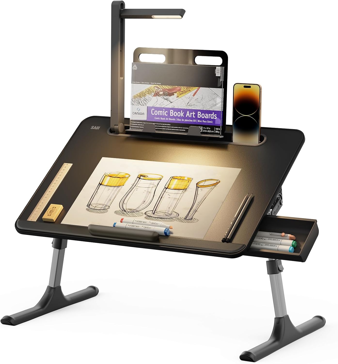 Laptop Table with LED Desk Light, SAIJI Laptop Stand for Bed, Height Adjustments Bed Desk with Book Stand for Reading Writing Drawing (Black) Bed Desk /Led Light