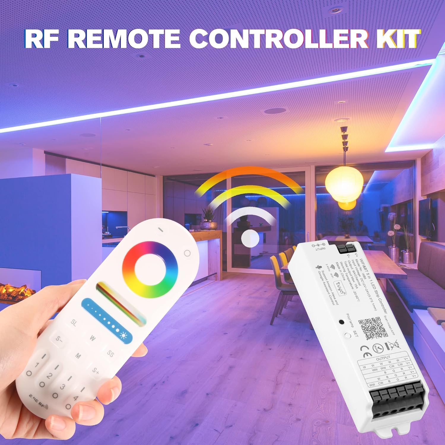 LM091+WB5 - Kit de mando a distancia WiFi para RGB CCT RGBW regulación, tira de luces LED, control inalámbrico RF de 4 zonas + controlador LED 5 en 1 CC 12-24 V compatible con Alexa Google Home