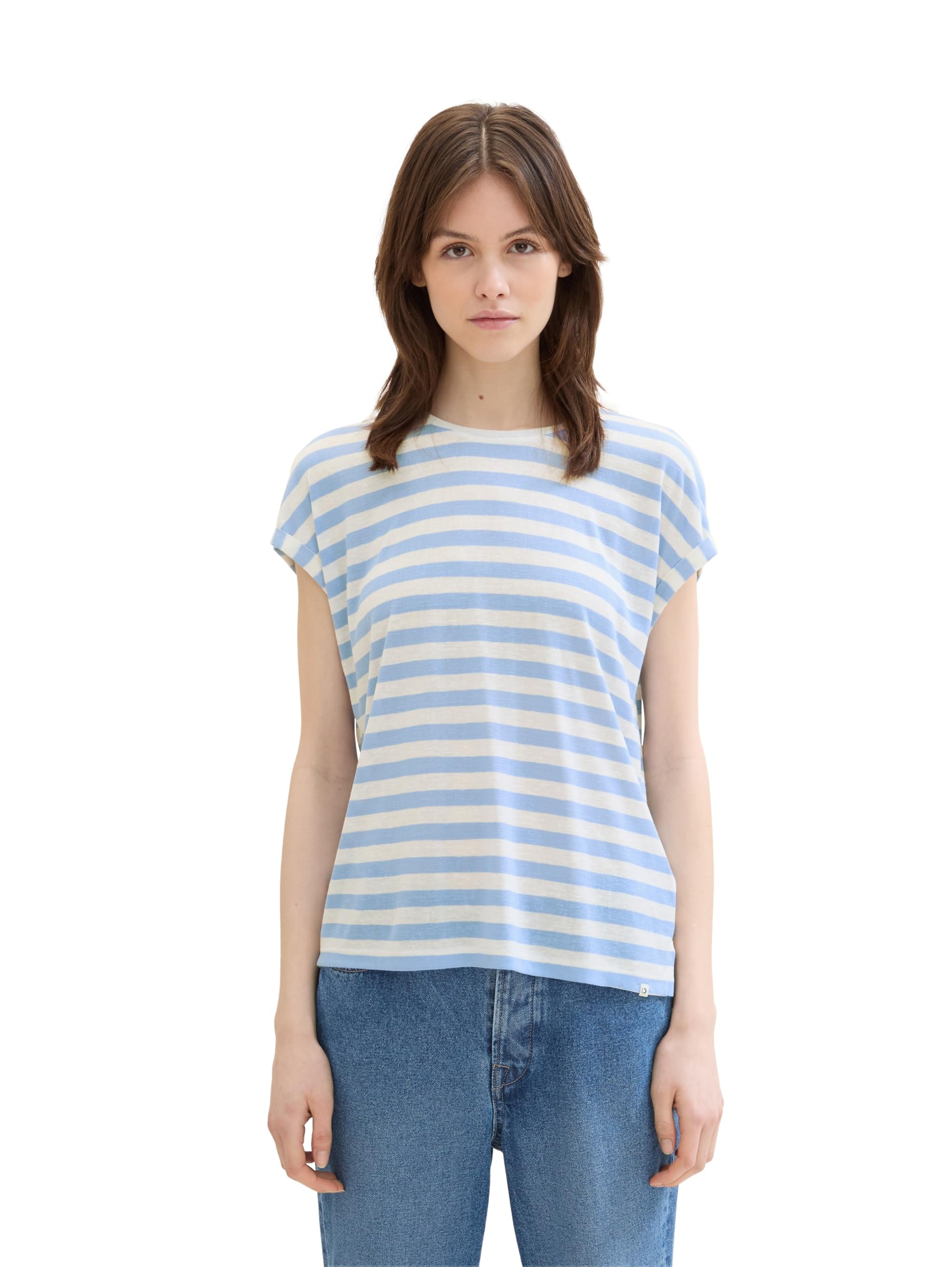 TOM TAILOR Denim Women's Basic T-Shirt with Stripes, 35332 - Mid Blue White Stripe, XXL
