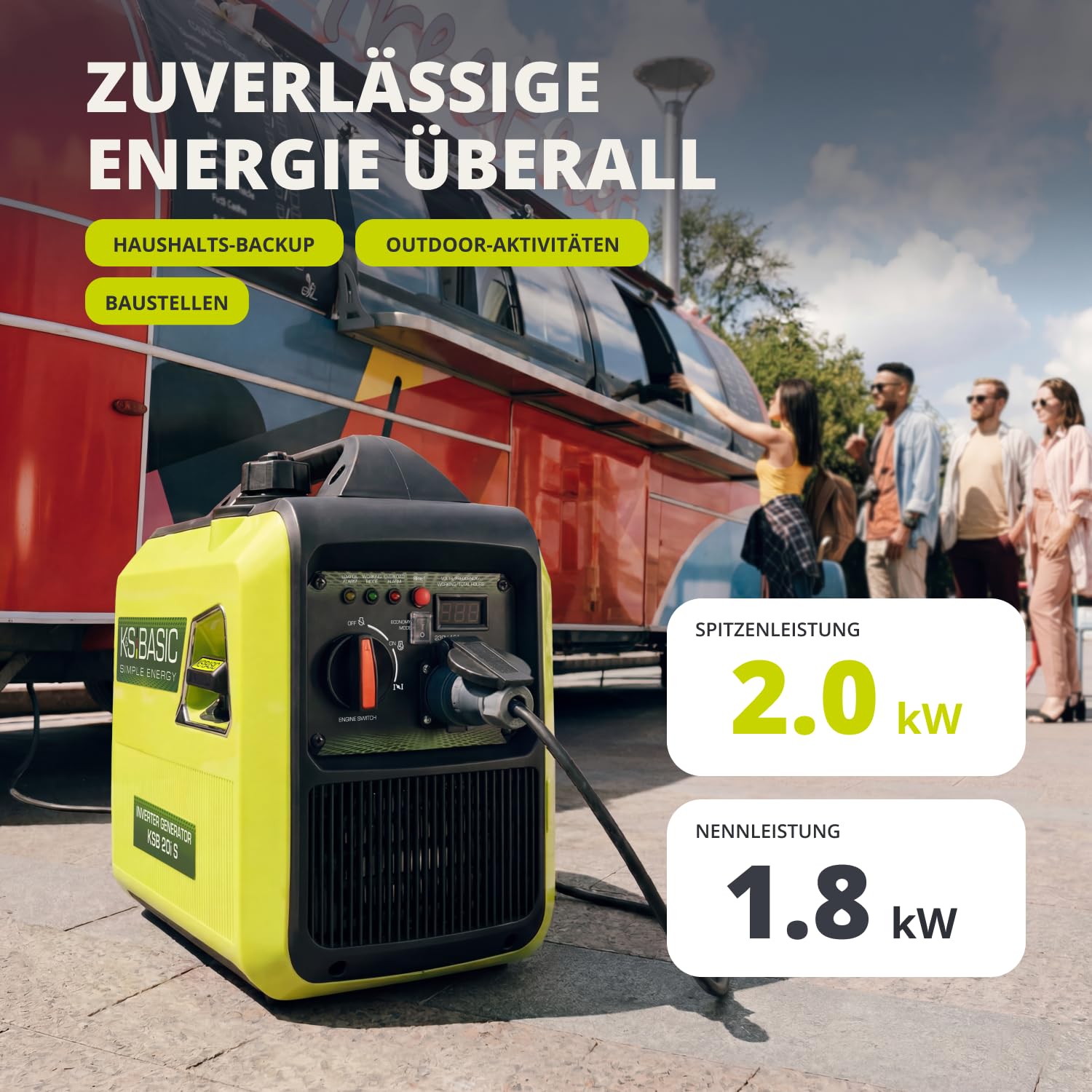 K&S BASIC 20i S generator inwerterowy 2000 W, agregat prądotwórczy na benzynę, agregat prądotwórczy 230 V – czysta fala sinusoidalna, generator prądu z trybem ekologicznym, wyświetlacz LED, moc