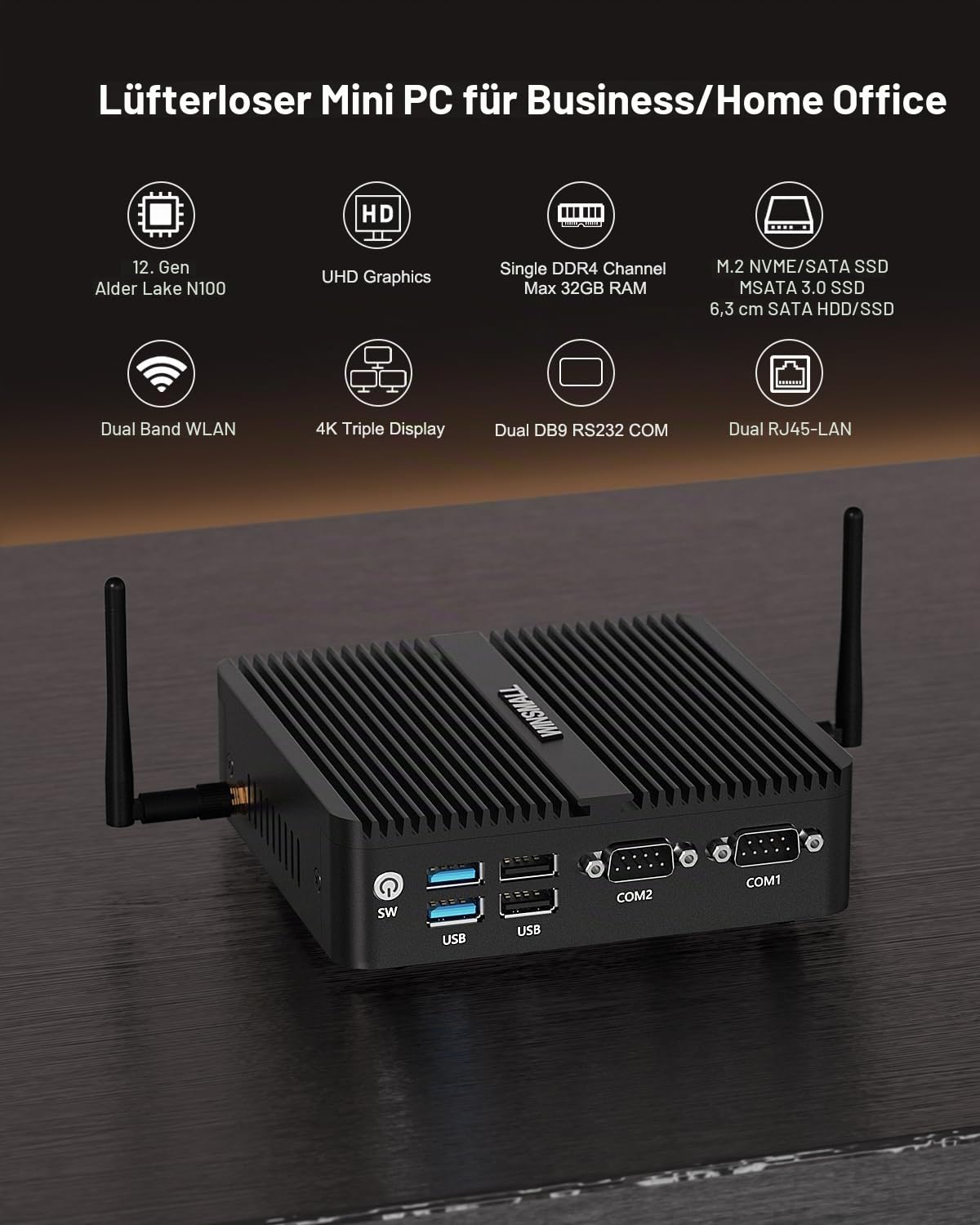 Lüfterloser N100 Mini PC Industrie Computer 3-Display 8GB RAM 128GB SSD | 4K Triple Display, Dual HD/DP, dual Lan, 2x RS232 COM, Auto Power On, 12V Embedded Mini pc Server Linux