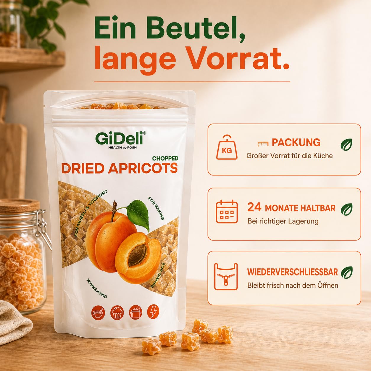 GiDeli Getrocknete Aprikosen 4X5kg Gewürfelt Ohne Zuckerzusatz Für Müsli | hoher Fruchtanteil, klebt nicht dank Reismehl, direkt einsatzbereit, ideal für Müsli, Joghurt und zum Backen