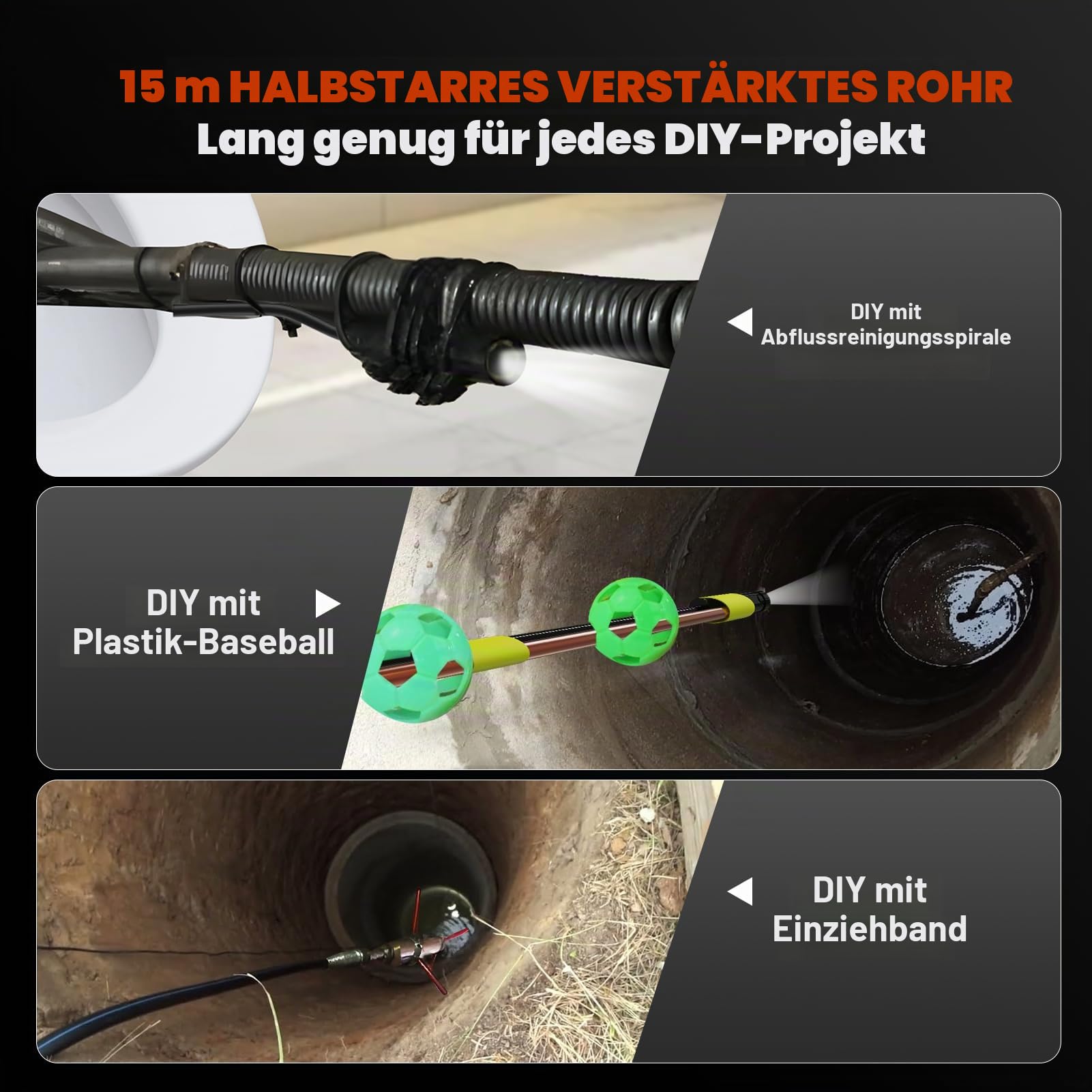 DREI Linsen Endoskopkamera mit Licht 15m, 5-Zoll-IPS- Bildschirm Endoskop, 8mm Schlangenkamera, HD 1080P Digital Inspektionskamera, IP67 Wasserdicht Rohrkamera mit Fettes Kabel, 32GB