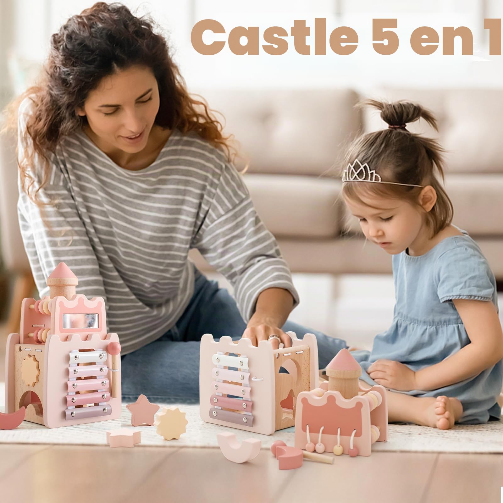 Jouet Montessori Bébé Jouet Bois, Château Rose Jouet éducatif Cube d'activité sensorielle Cube d'activité Boucle motrice Cadeau Bébé Fille Montessori Activity Cube 3+
