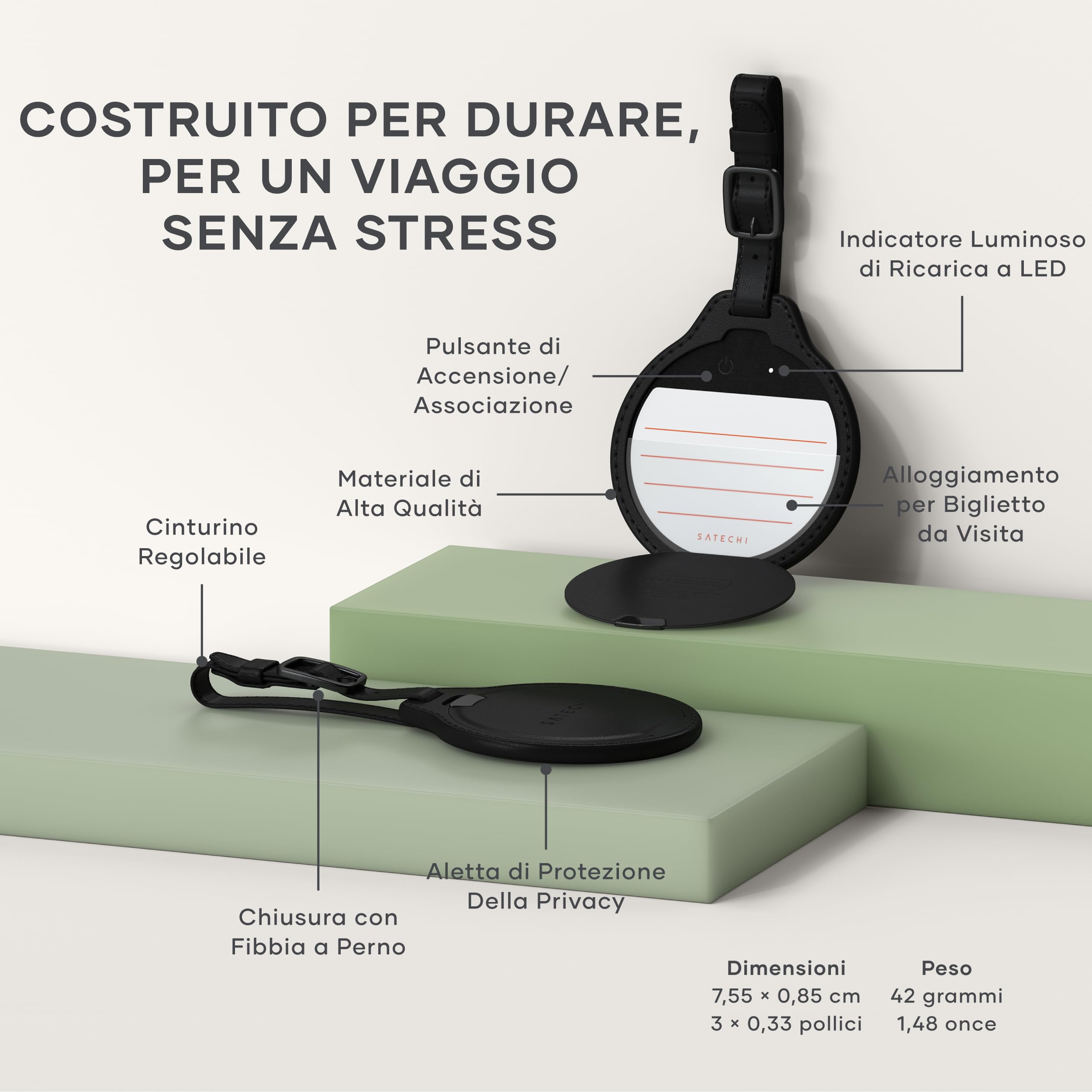 SATECHI FindAll GPS Tracker per Valigie, Apple Find My, Nero | Localizzatore Bluetooth, ricarica wireless, compatibile TSA, avvisi di smarrimento potenti, per iPhone, iPad, Mac