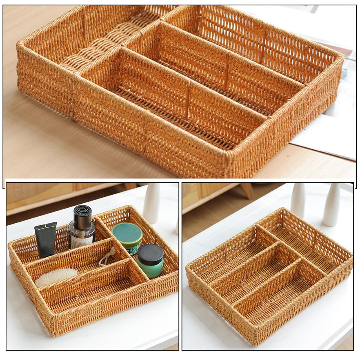 Kaki - Cesta de almacenamiento de plástico, elegante organizador tejido para llaves, cubiertos y artículos esenciales para el hogar, solución de almacenamiento multiusos para cajones y decoración