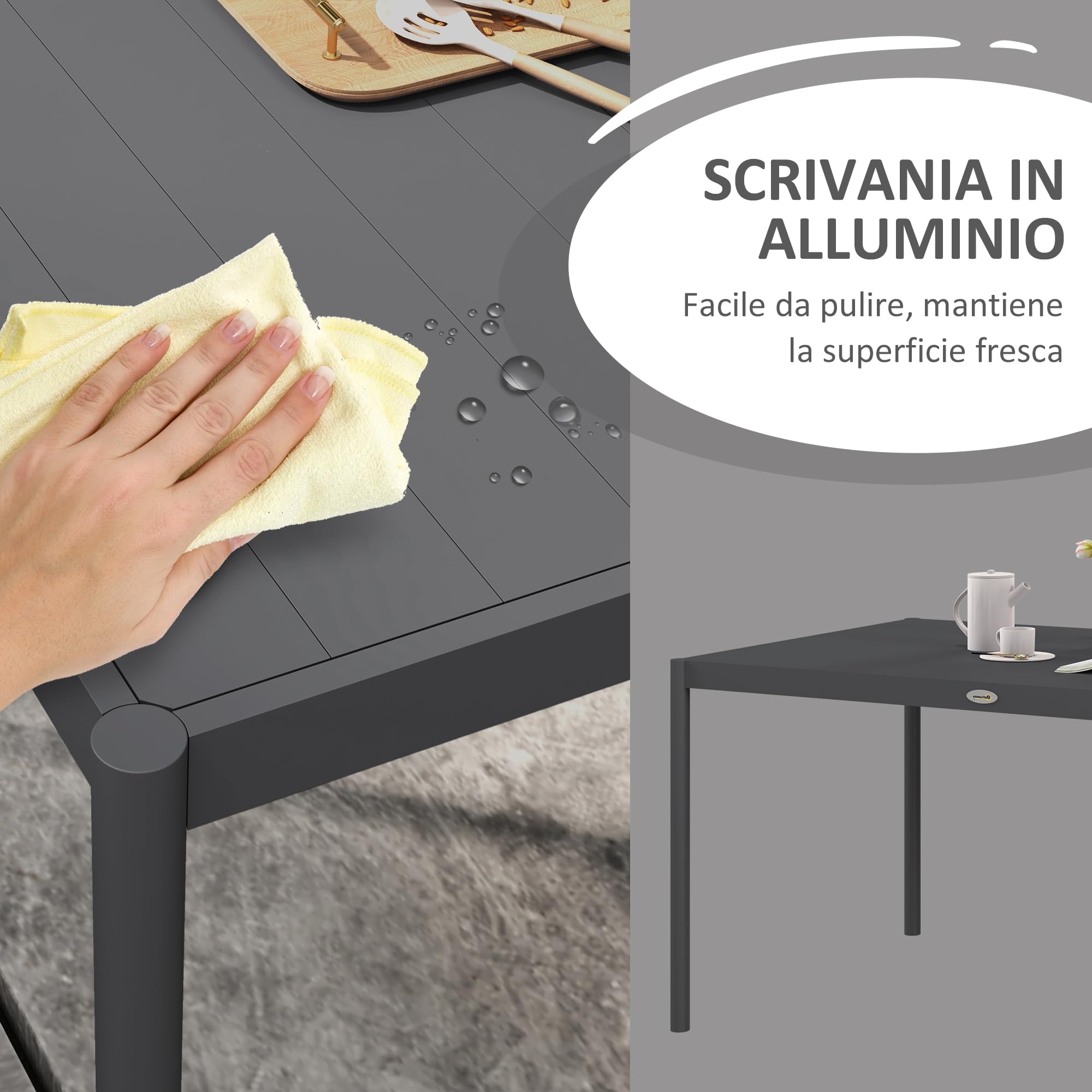 Outsunny Tavolo da Giardino a Doghe da 145x90 cm, Tavola da Pranzo per 6 Persone Rettangolare in Alluminio e Acciaio, Per Patio, Terrazzo, Balcone ed Esterno, Grigio Scuro
