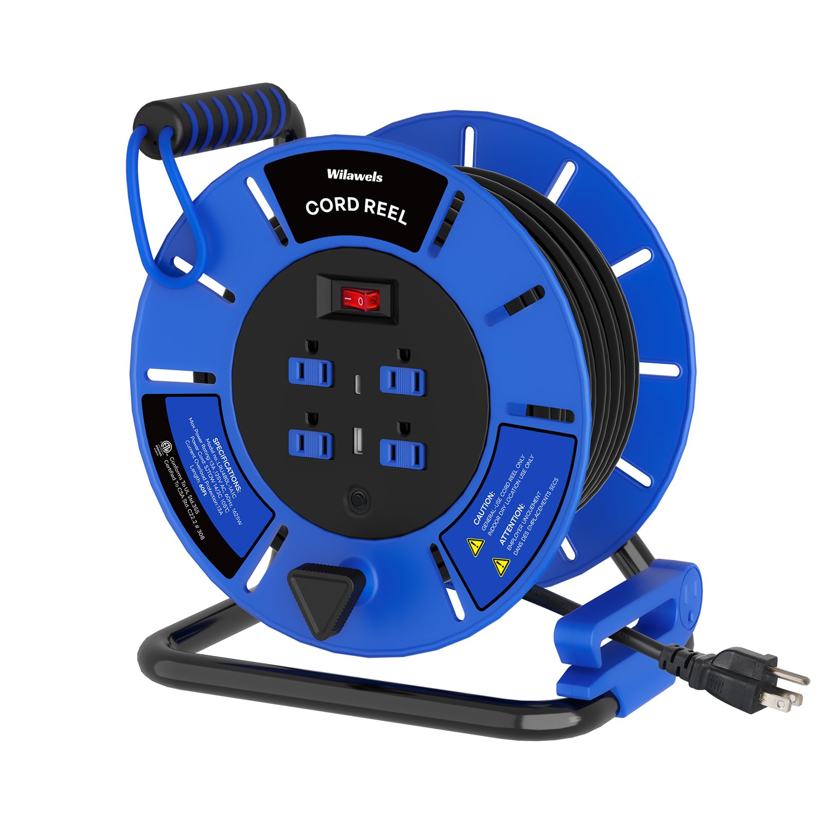 WILAWELS 60 FT Retractable Extension Cord Reel, 14AWG Heavy Duty Power Cord with 4 Grounded Outlets, USB-A & USB-C Ports, 13A 1625W, Portable Hand