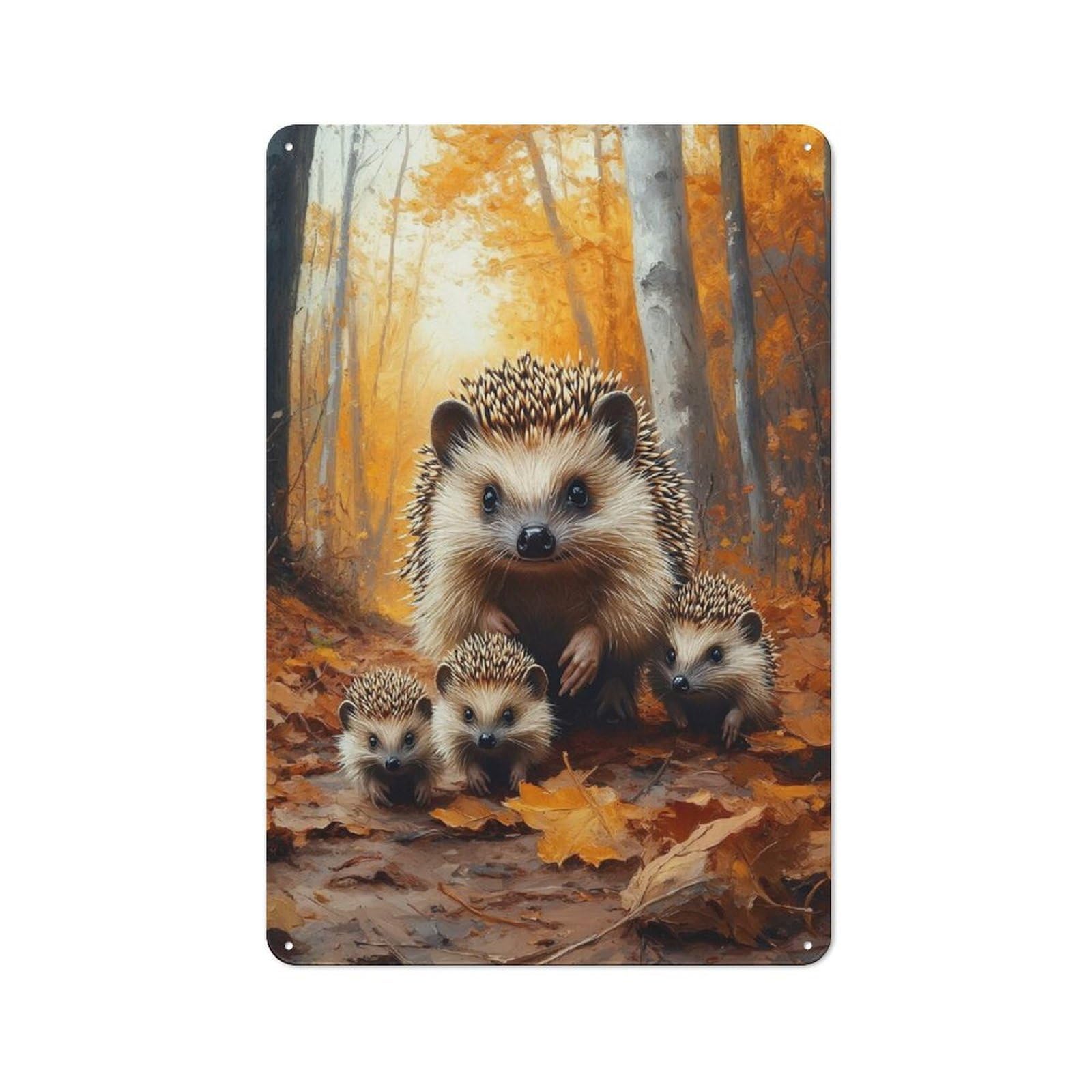 Junmoney Style-4 Rustic Hedgehog Family In Autumn Forest Tin Wall Plaque 30X20cm, Rustic Kitchen Decor For Cottage, Kitchen, Hallway Or Breakfast Nook