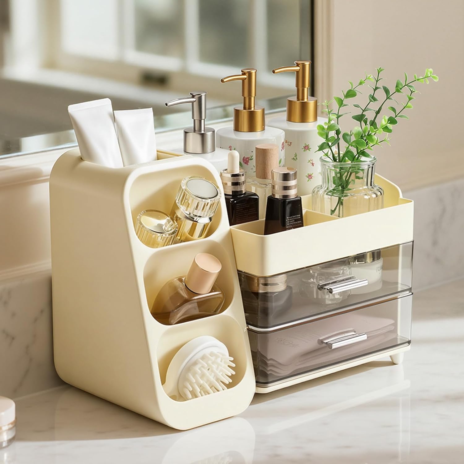 Delamu Big Makeup Organizer with Drawers, Spacious Cosmetic Display Caddy with Makeup Brush Holder, Bathroom Countertop Organizer for Vanity, Dorm, Desk, Beige
