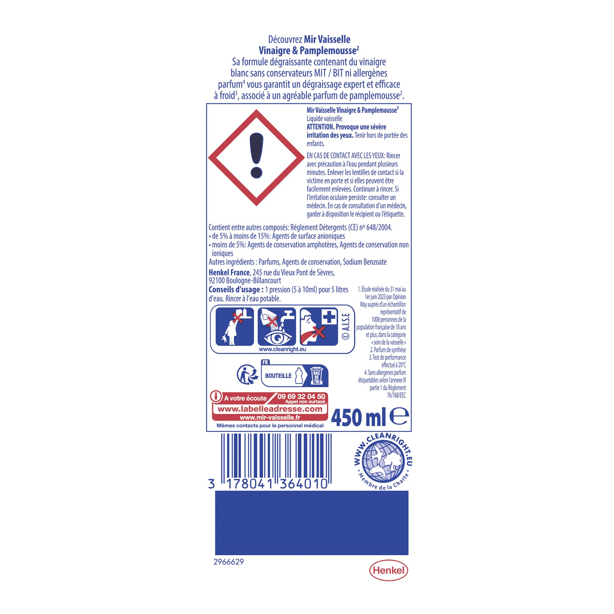 Mir Vaisselle - Liquide Vaisselle Mains - Dégraissage Expert - Pamplemousse et Vinaigre - Dégraissant - Efficace à froid - Sans Conservateurs ni Allergènes Parfum - 450ml - Lot de 16