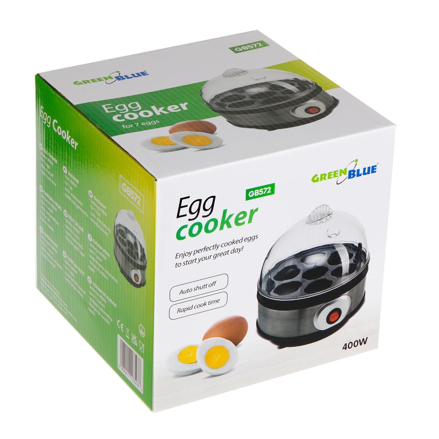 Cuociuova automatico GreenBlue, potenza 400W, fino a 7 uova, misurino, 220-240V~, 50 Hz, GB572 3 Livelli di Cottura Coque Medio e sodo