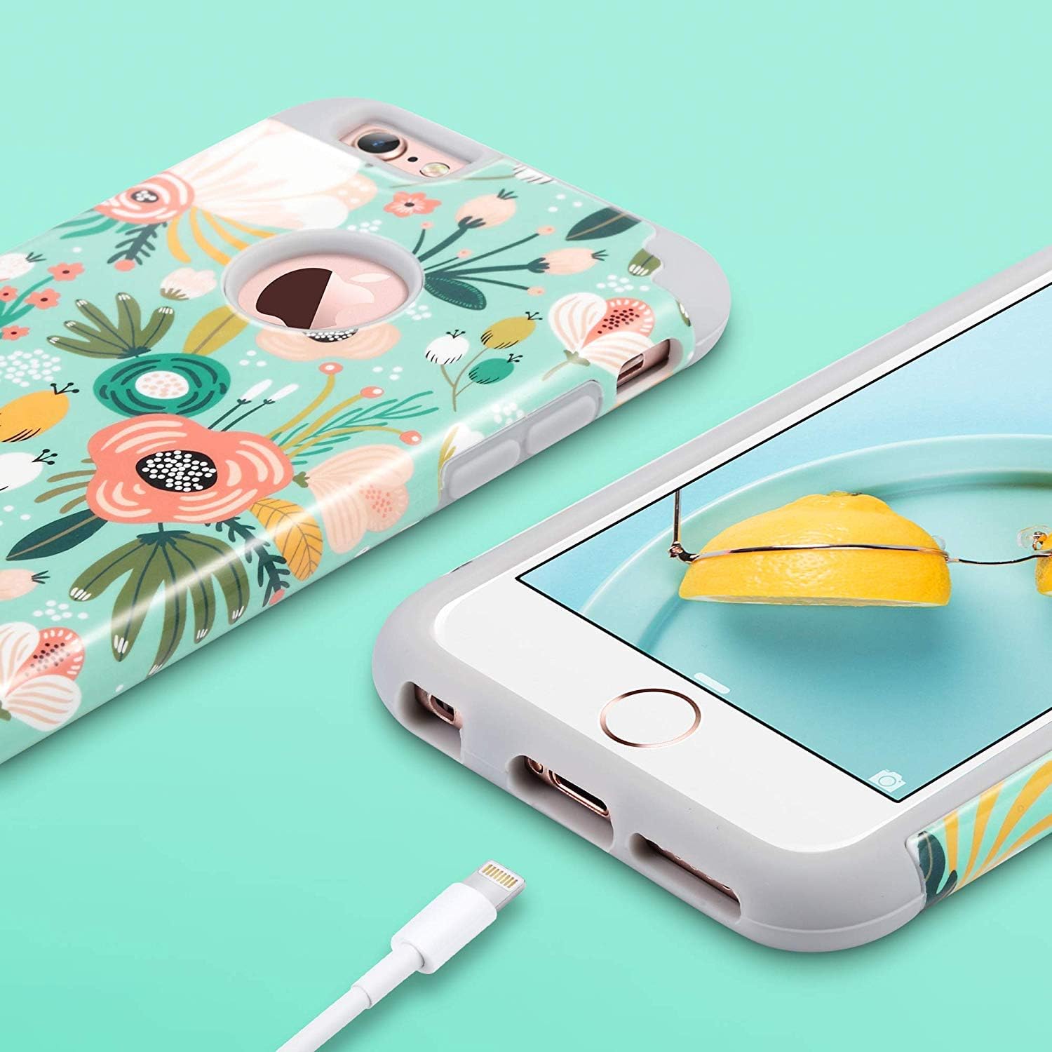ULAK iPhone 6S Case, iPhone 6 Case, Slim Fit Dual Layer Soft Silicone & Hard Back Cover Bumper Protective Shock-Absorption & Skid-Proof Anti-Scratch Case for Apple iPhone 6 / 6S 4.7 inch, Mint Floral