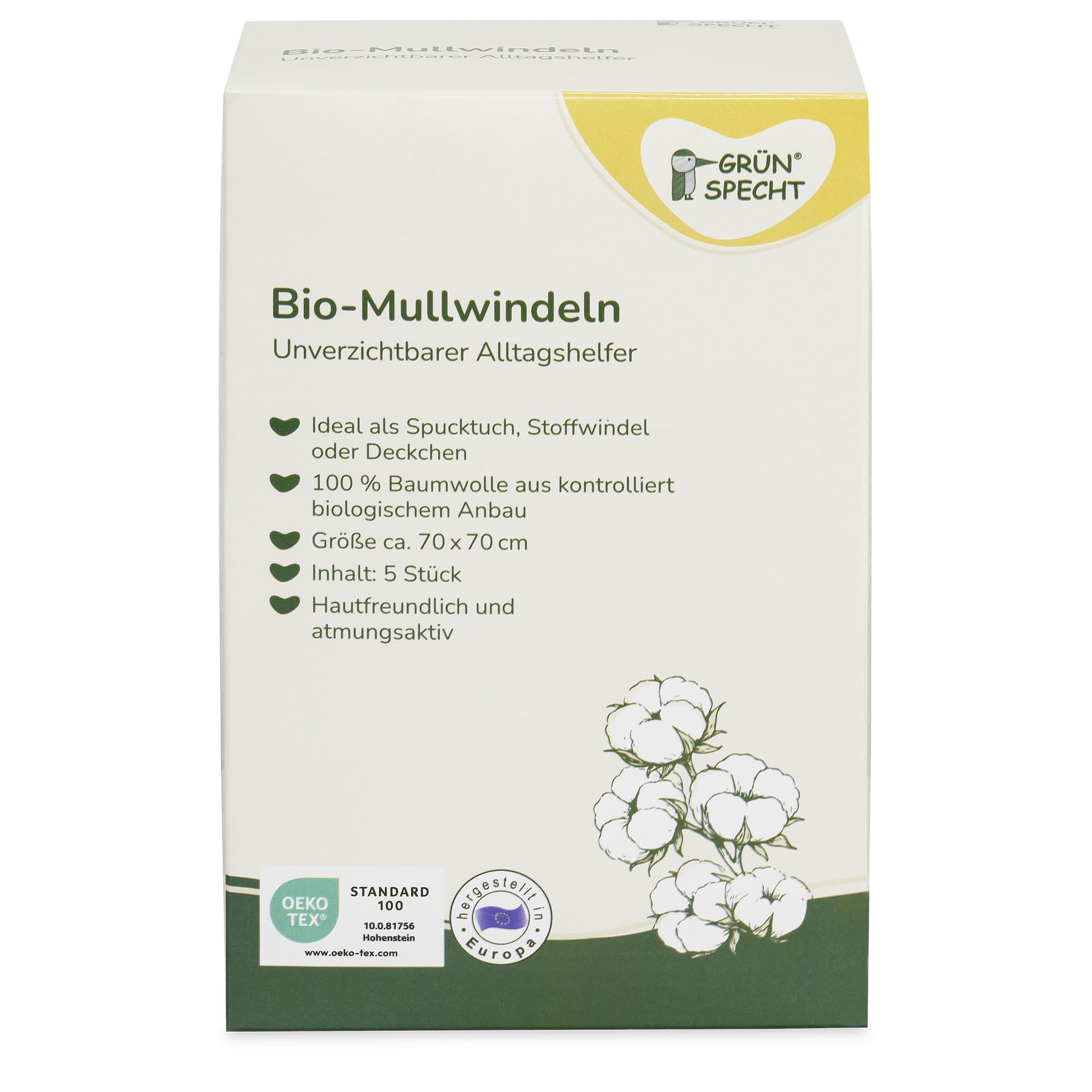 GRÜNSPECHT Bio-Mullwindeln 70x70cm aus 100% Baumwolle (kbA), Spucktücher, ohne optische Aufheller, hautfreundlich & saugstark, 5 Stück, weiß (692-00)