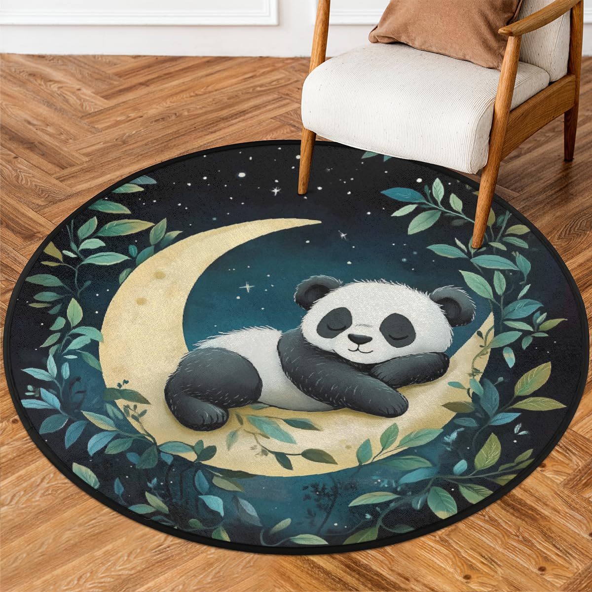 Round Area Rug 3Ft Washable Rug Leaves Moon Panda Sleeping Floor Mats Non-Slip Chair Mat Ultra-Thin Carpet for Bedroom Living Room, Home Decor