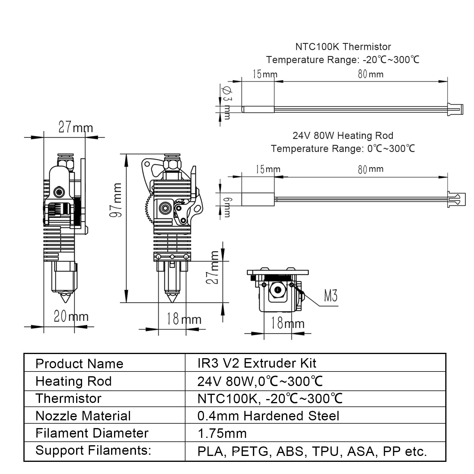 IdeaFormer IR3 V2 0,4 mm IR3 V2 Extruder Hotend Set, 24 V, 80 W, oryginalna wytłaczarka Direct Drive do przenośnika drukarki 3D IR3 V2