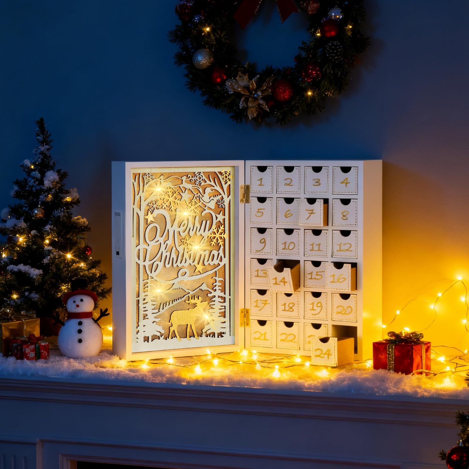 Holz Weiß Adventskalender mit Schubladen, Wiederverwendbarer Adventskalender mit Lichtern, Leere Boxen zum Befüllen, Dekorativer ausklappbarer Holzkalender für Kinder Weihnachten Deko 24 leere