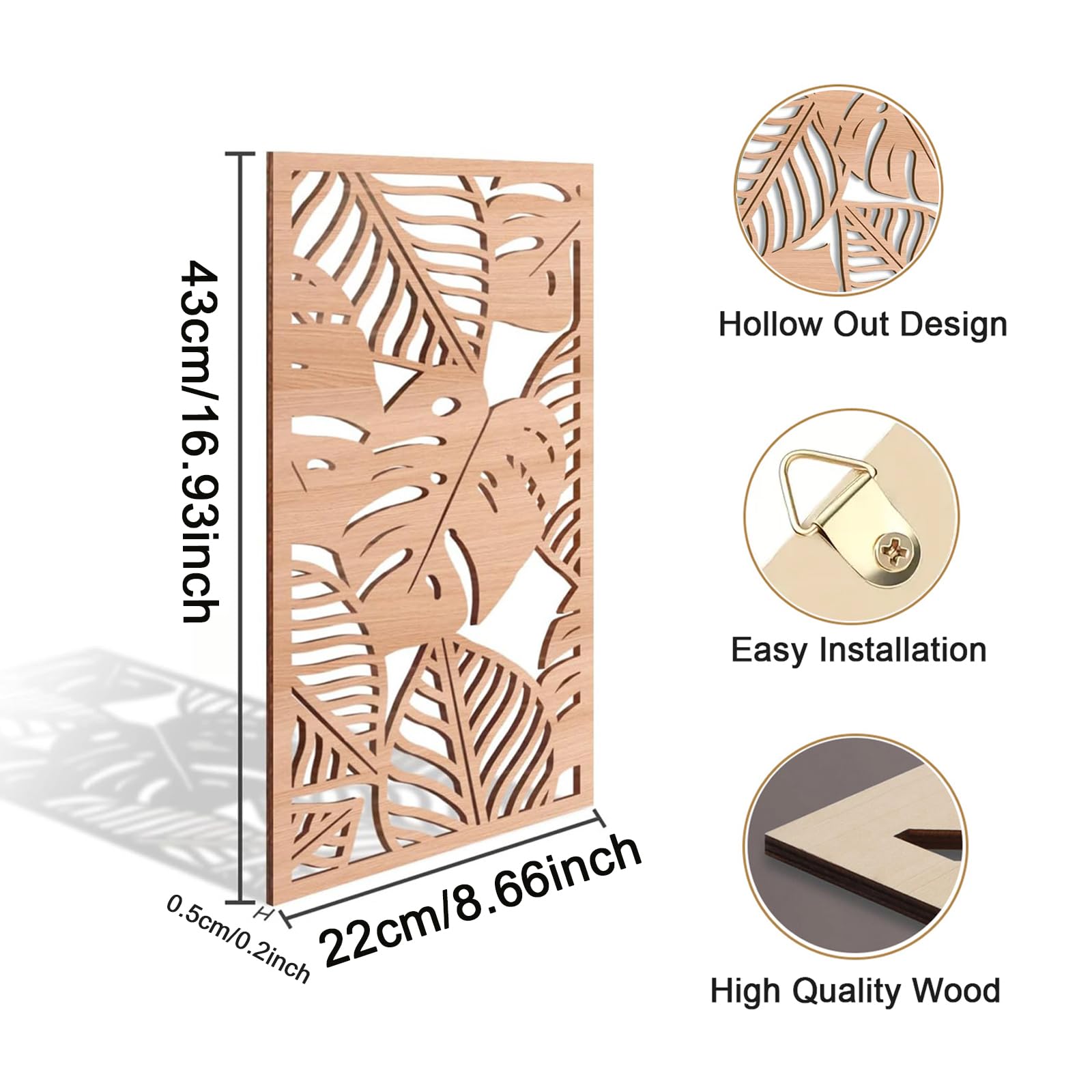 Yixuan 3 Pièces Sculpture Murale en Bois Naturel - Décor Mural Tropical Feuille de Monstera Style Boho Chic - Art Mural Moderne & Léger pour Salon, Chambre, Entrée ou Bureau - 4