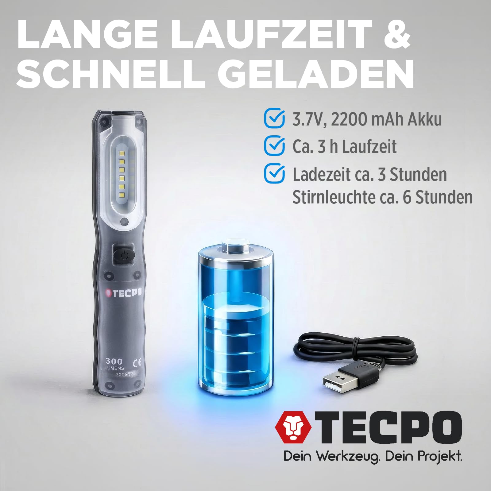 TECPO 2x Werkstattlampe Akku Handlampe 300 Lumen LED Arbeitsleuchte Stablampe IP54 Leuchte Lampe
