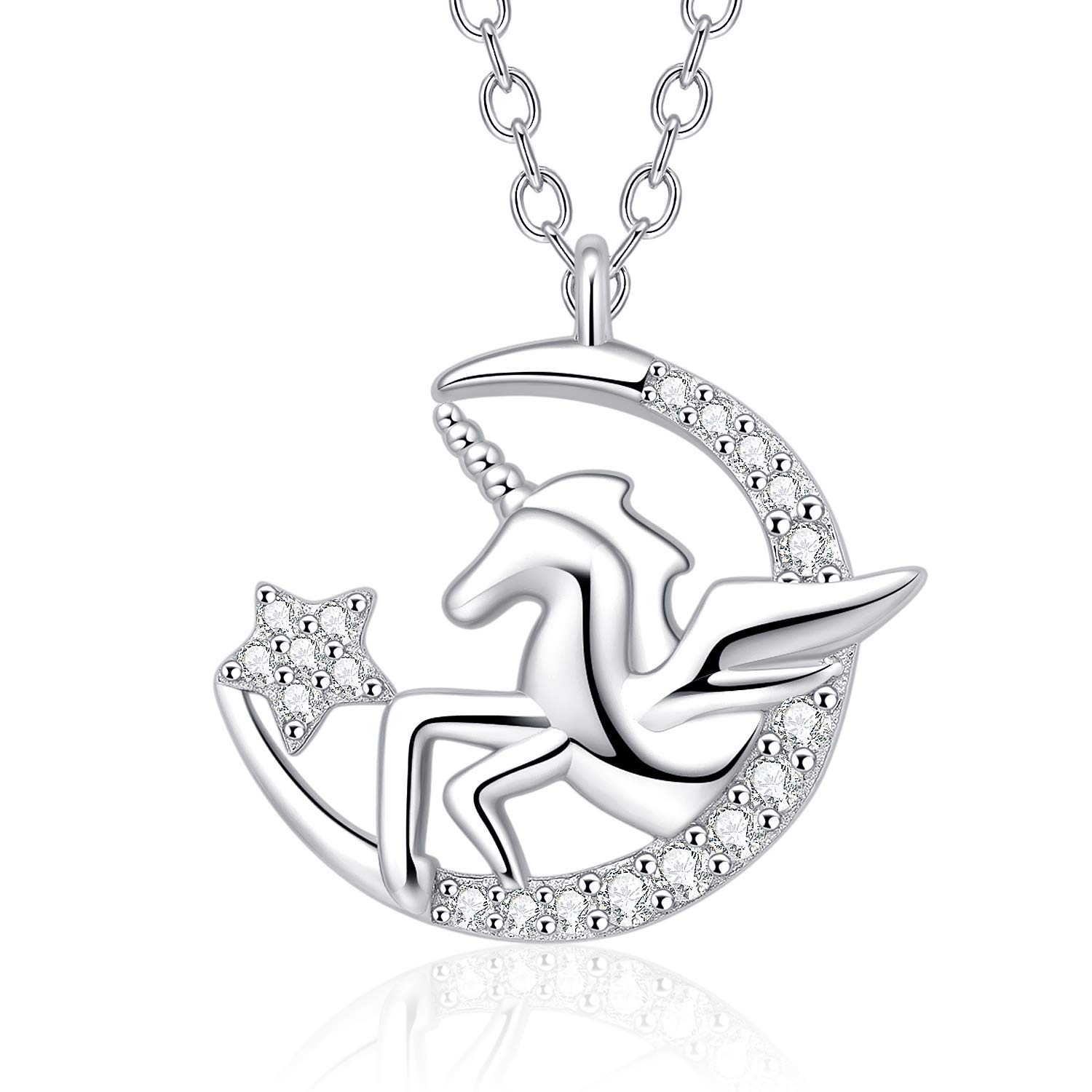 Unicorn Pendant Necklace S925 Sterling Silver Luck Moon Star Jewelry Gift