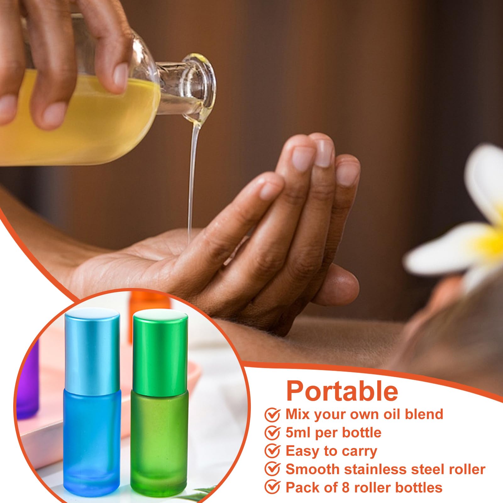 Roll On Botellas de cristal para aceite esencial, 24 unidades, vacías, 5 ml, multicolores, con bolas de rodillo de acero inoxidable y accesorios para aceites esenciales, perfume, masajes