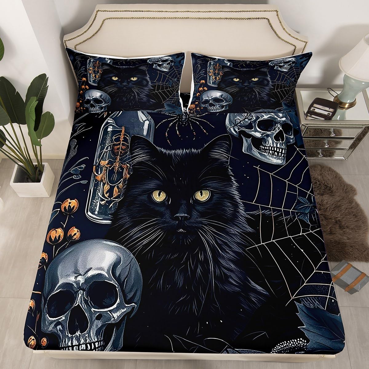 Gothic Cats Fitted Sheet Full Size Sugar Skull Skeleton Bedding Set 3Pcs(No Flat Sheet) Jungle Spider Web Bed Sheet for Boys Girls Teens Room Decor Mystic Halloween Deep Pocket Sheet