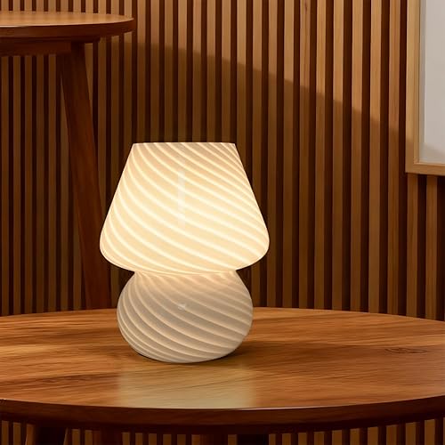 Miniatura 1 de jonong Lámpara de noche Lámpara de mesa de seta a rayas de vidrio 110V Regalo creativo Luz de noche (blanco)