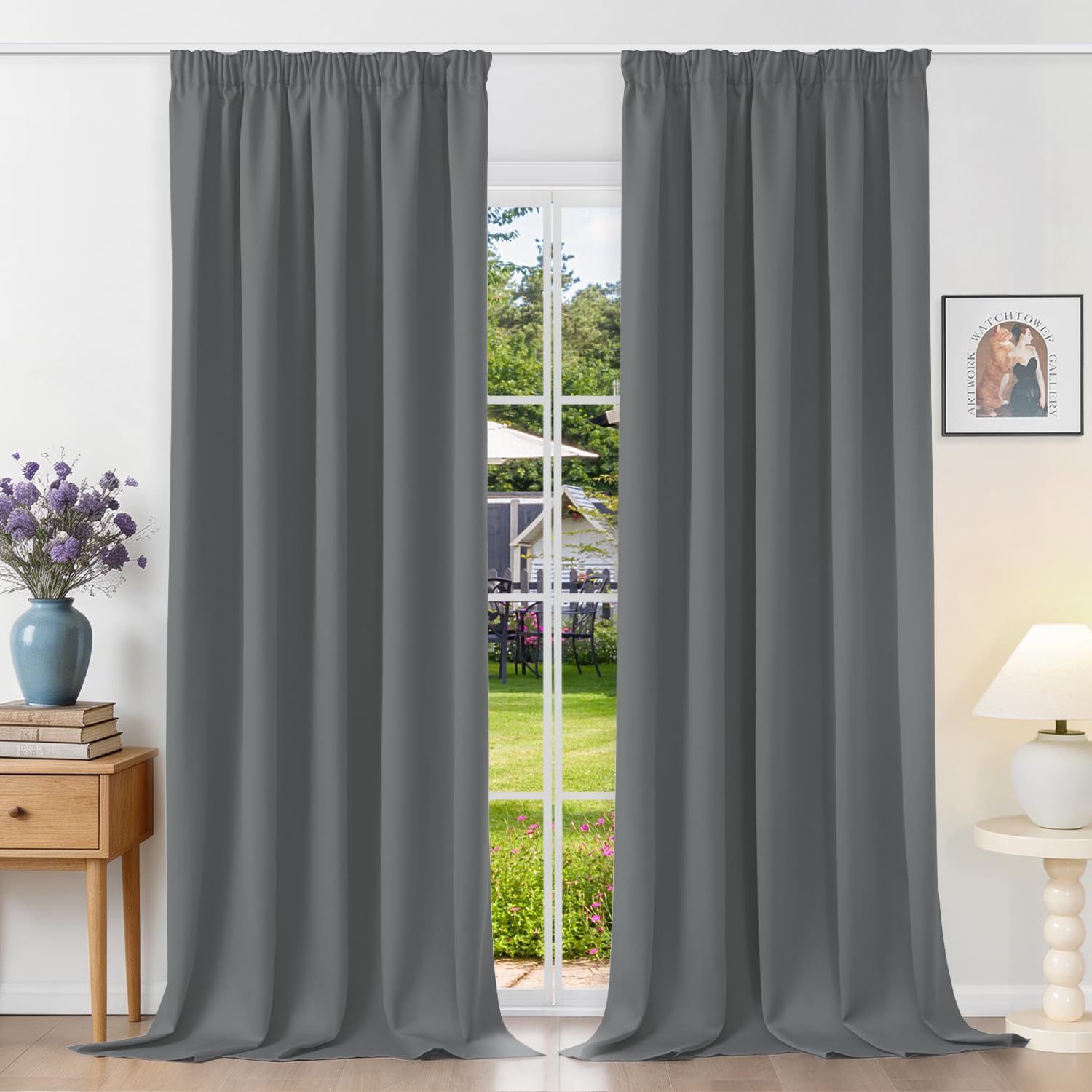 Runyéla Pencil Pleat Blackout Curtains for Bedroom Grey Thermal Curtain 46 x 90 Inch Drop Living Room Kitchen 2 Panels Light Gray