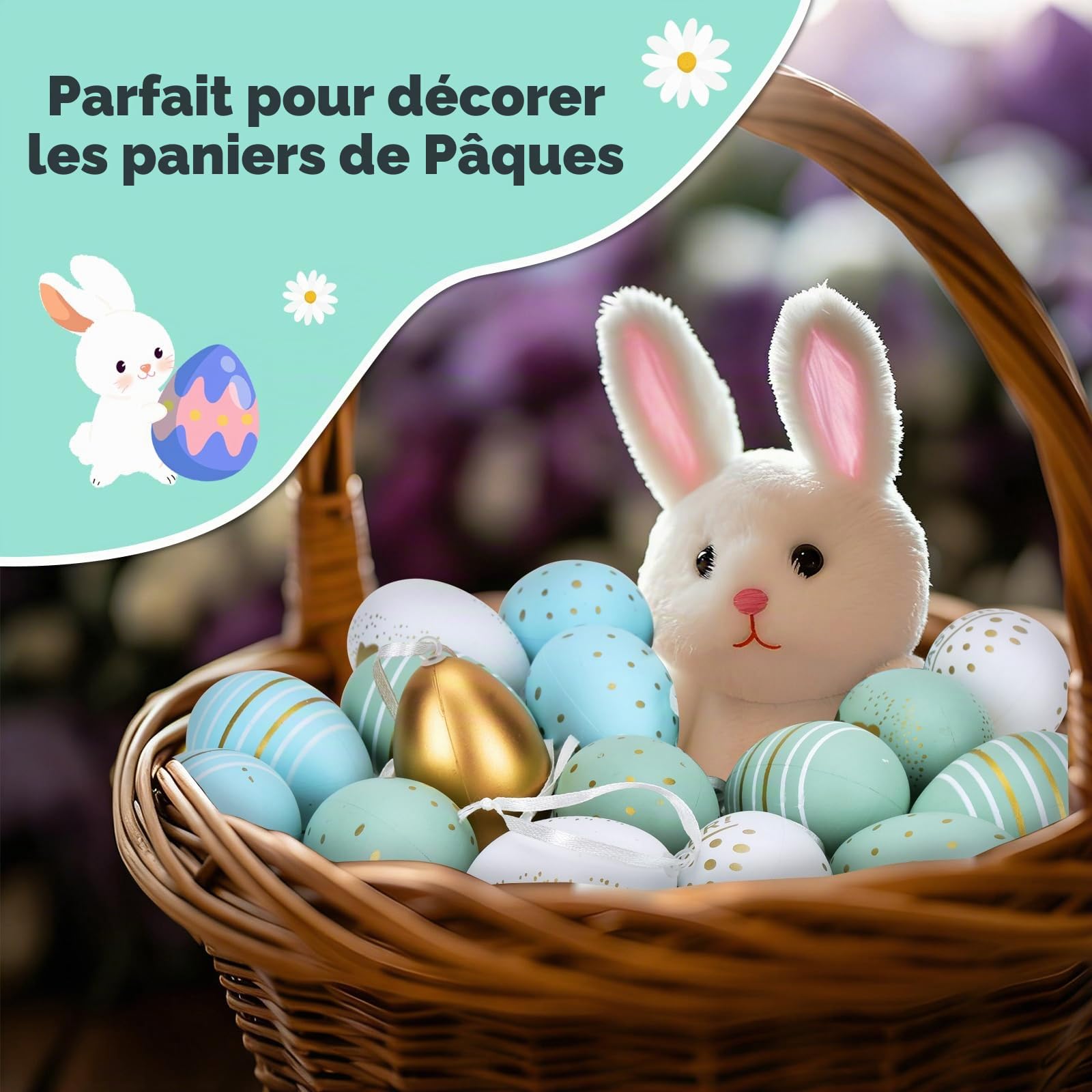 Œufs de Pâques en plastique 6 cm x 4 cm Lot de 24, or bleu clair vert clair blanc 7 designs