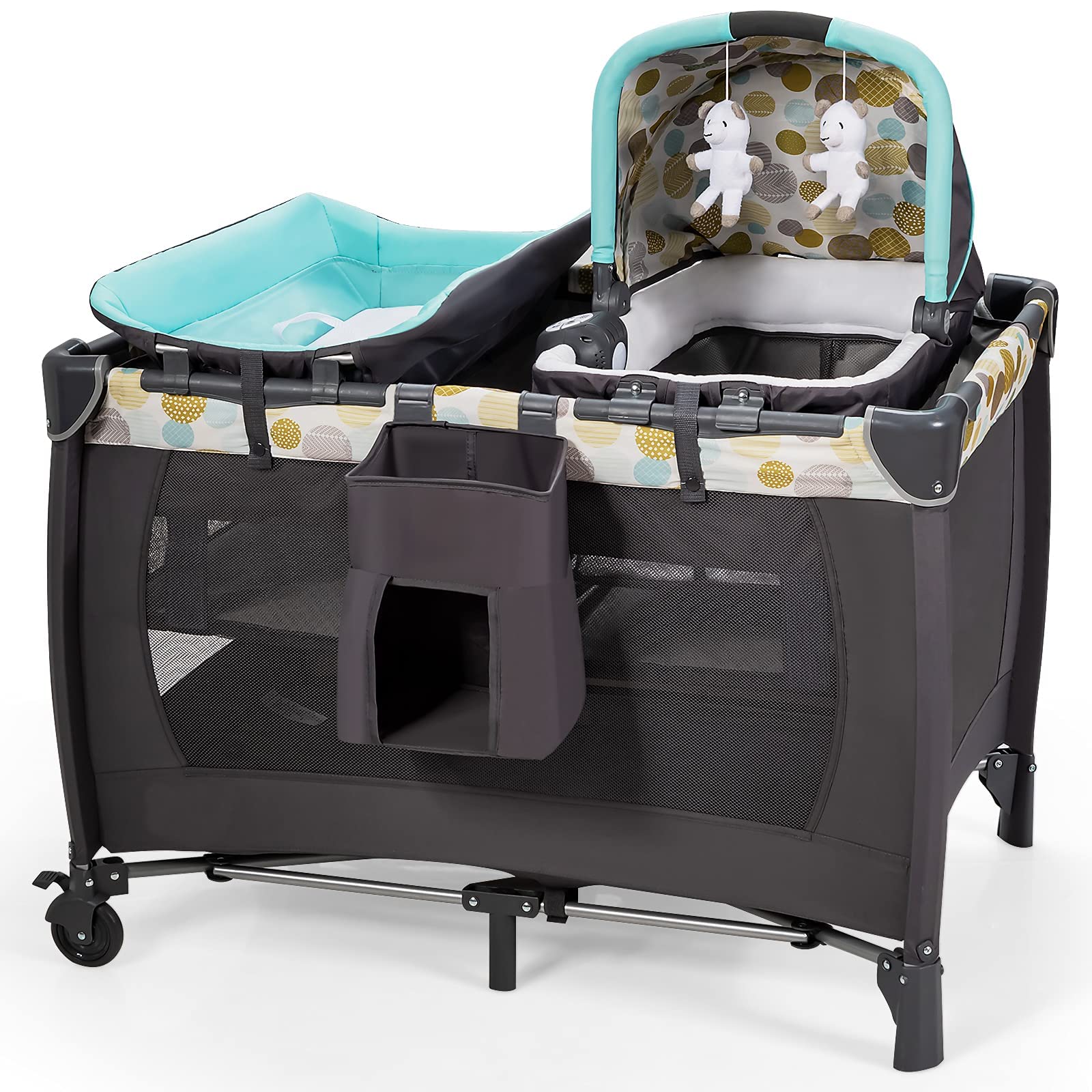 HONEY JOY 4-in-1 Pack and Play with Bassinet, Infant Nursery Center Pack and Play w/Newborn Cradle & Hanging Toys, Diaper Storage Bag, Music, Carry Bag, Portable Baby Playard w/Changing Station (Blue)