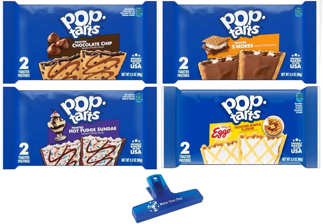 Make Your Day Variety, Pop Tarts Frosted Toaster Pastries, Chocolate Chip, S'mores, Hot Fudge Sundae, and Eggo Maple Flavor, 3.3 Ounce (Pack of 24) - with MYD Bag Clip