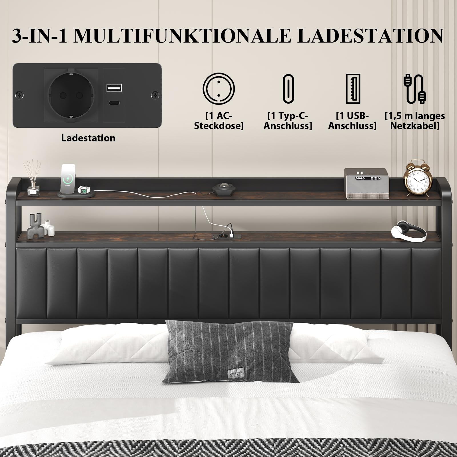 E-Motie Bett 180x200，Polsterbett mit Sternenprojektor, Ladestation und Aufbewahrungsbank， Doppelbettgestell 180 x 200 cm mit Gepolstertes Kopfteil und Lattenrost, Geräuschlos, Modern, Schwarz