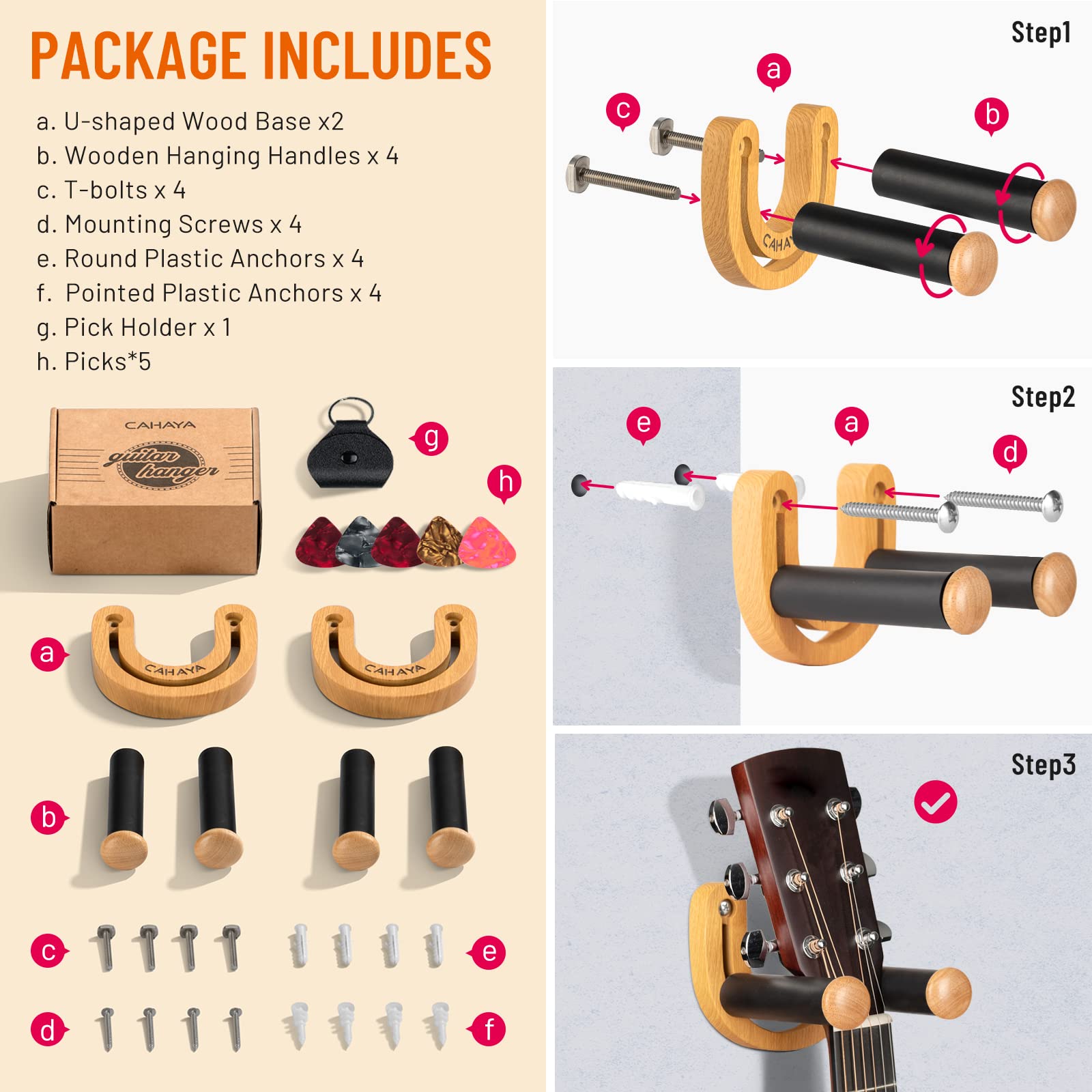 CAHAYA Soporte de pared para guitarra, paquete de 2 ganchos ajustables en forma de U con 5 púas y 1 bolsa para púas para bajo, banjo, ukelele, mandolina CY0297-1