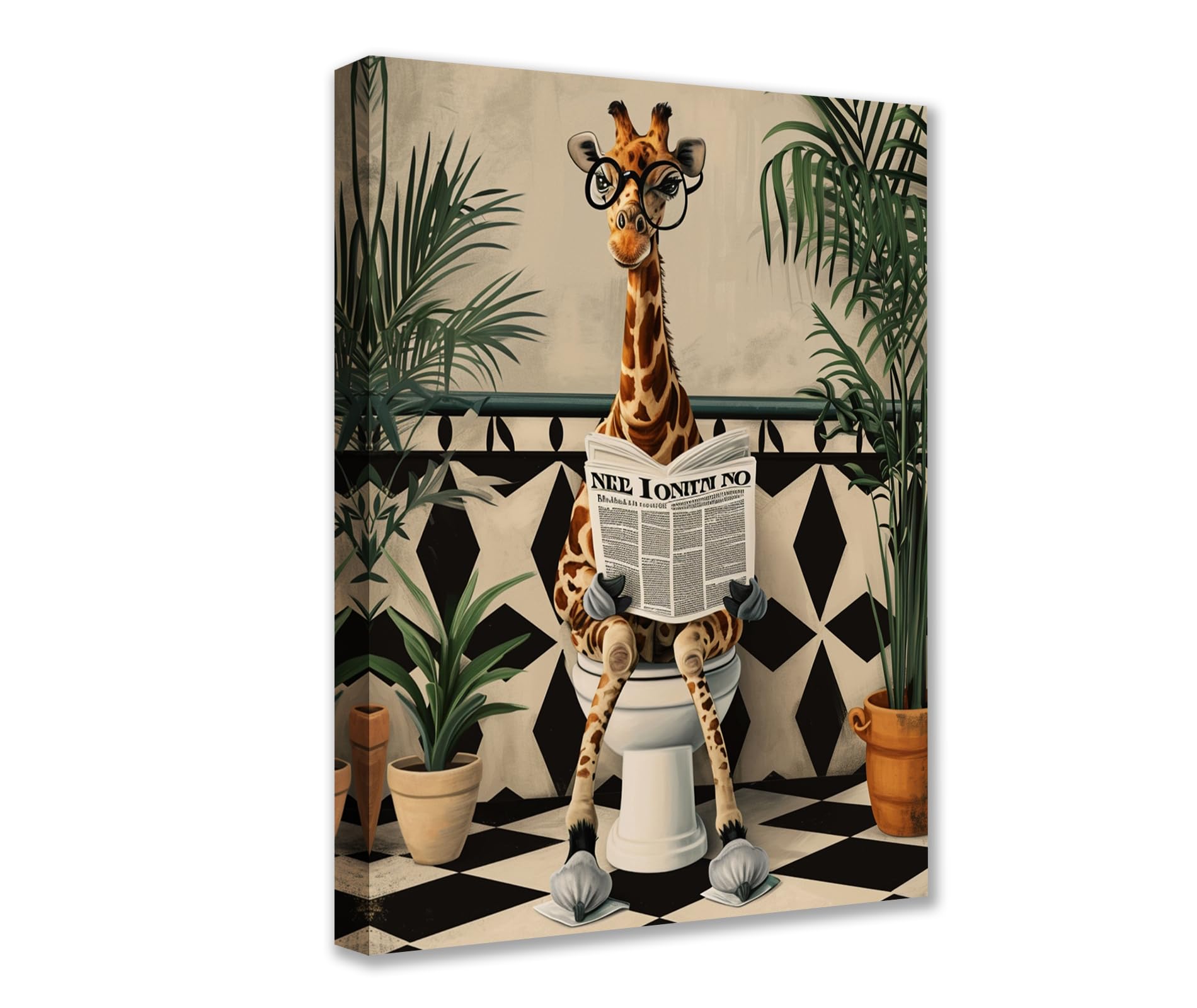Cute Giraffe on Toilet Canvas Wall Art Animal Read Newspaper Picture 1P Tropical Plant Posters Prints Cute Modern Artwork for Living Room Bedroom Home Decor Framed Gallery-Wrapped Ready to Hang