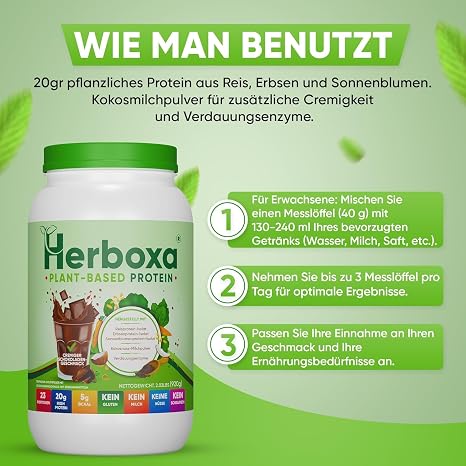 Herboxa Vegetable Vegan Protein with Creamy Chocolate Flavour - Rich in Vegetable Proteins (Rice Protein Pea Protein Sunflower Protein) - with Green Superfoods Complex BCAAs Digestion