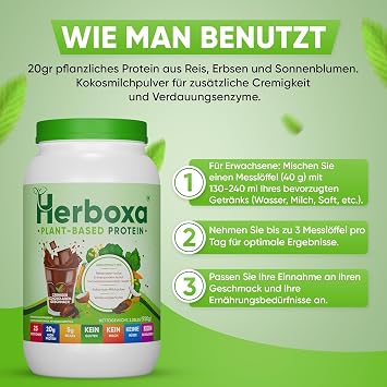 Herboxa Vegetable Vegan Protein with Creamy Chocolate Flavour - Rich in Vegetable Proteins (Rice Protein Pea Protein Sunflower Protein) - with Green Superfoods Complex BCAAs Digestion