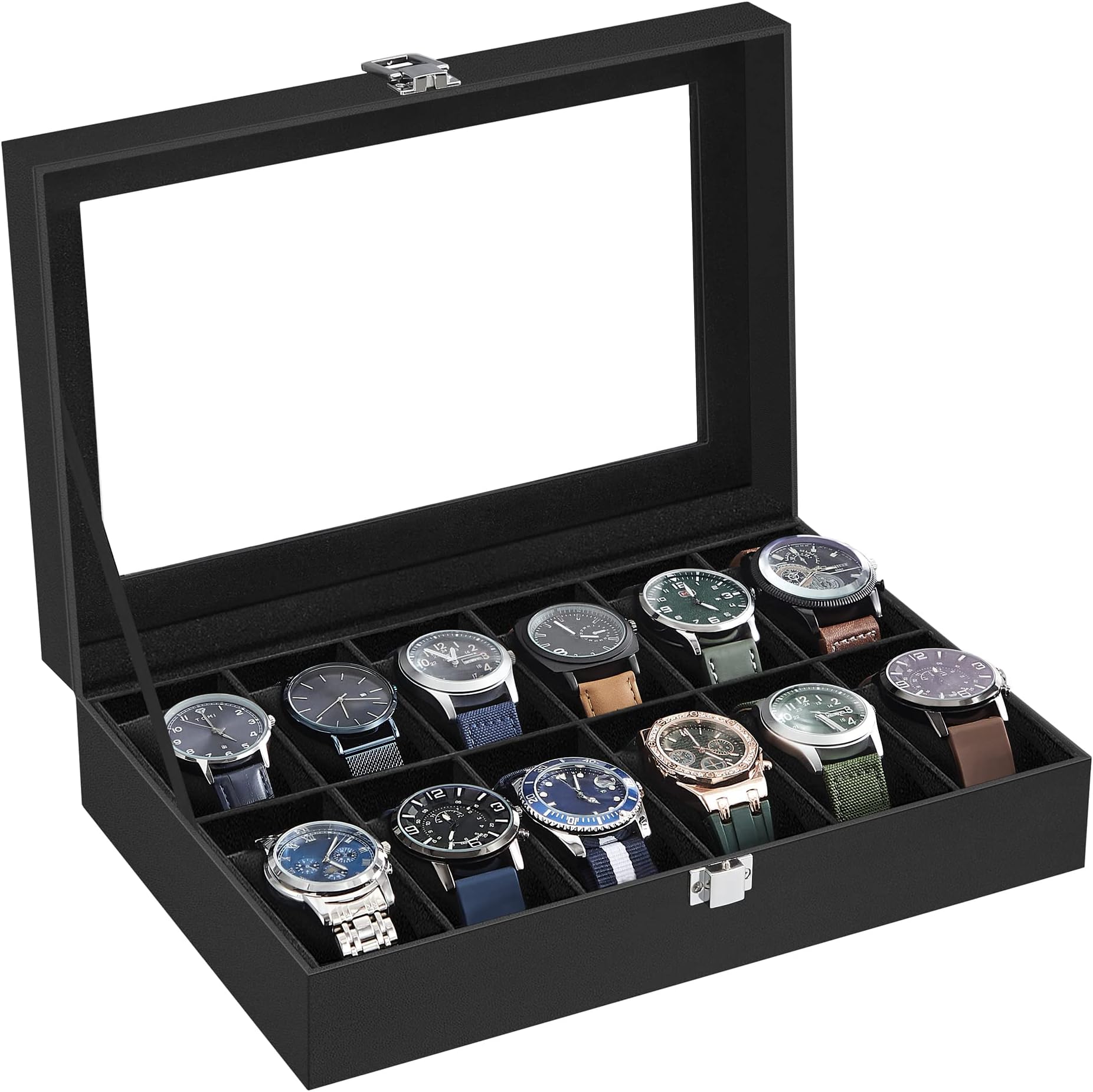 SONGMICS Watch Box, 12-Slot Watch Case Organizer with Large Glass Lid, Removable Pillows, Gift for Loved Ones, Black Synthetic Leather, Black Lining UJWB012B01