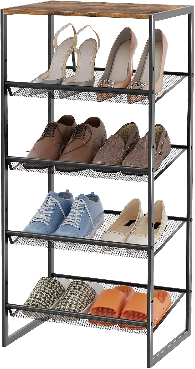 Huhote Schuhregal 5 Ebenen, Schuhständer Metall, Schuhregal Klein, Schuh-Organizer, Schuhaufbewahrung Platzsparend, Schuhablage für Eingangsbereich, Korridore, Ecke, Wohnzimmer, Vintagebraun