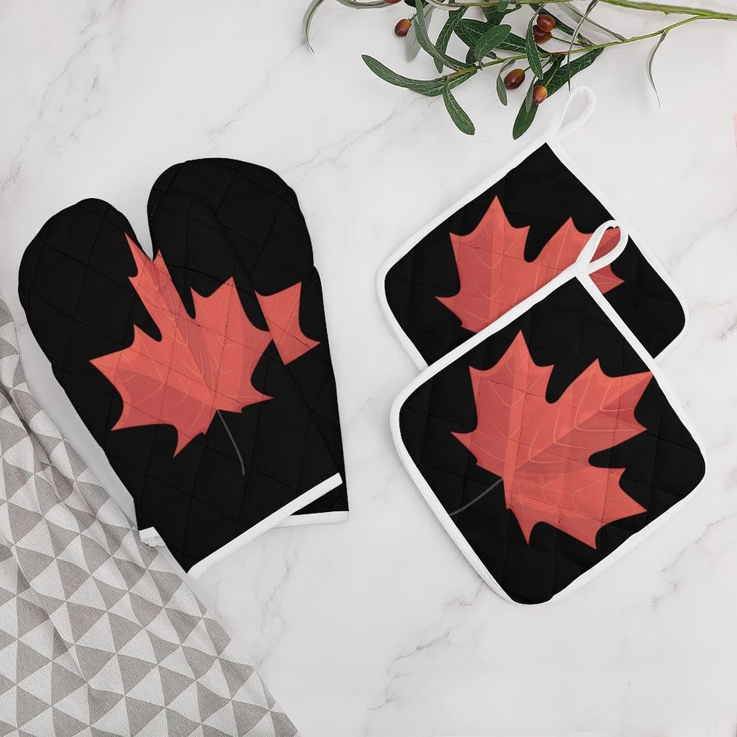Canadian Maple Leaf 4 Pcs Oven Mitts and Pot Holders Set High Heat Resistant Long Kitchen Oven Glove Potholders