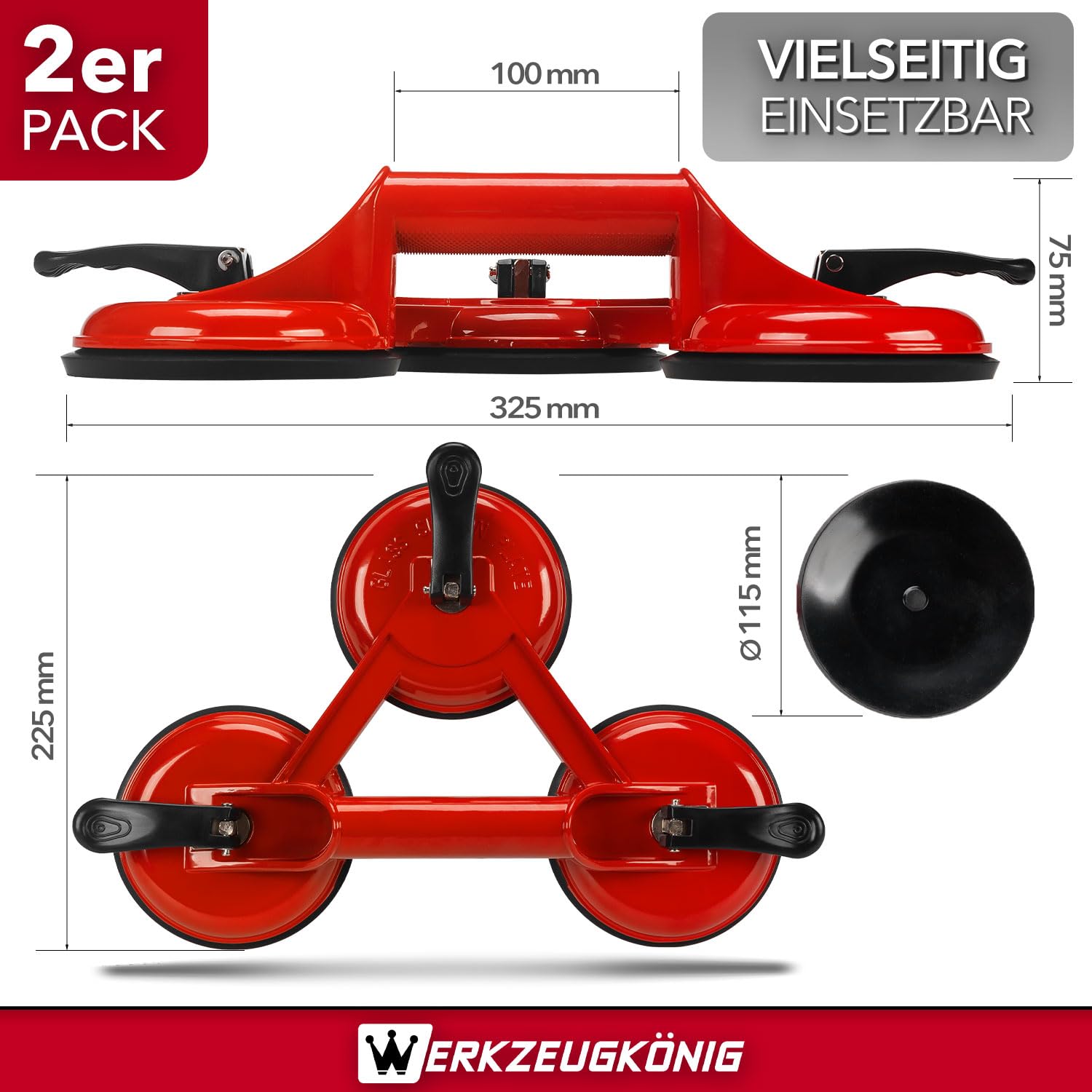 Aspiratore per vetro, 3 ventose, 170 kg, set da 2 pezzi