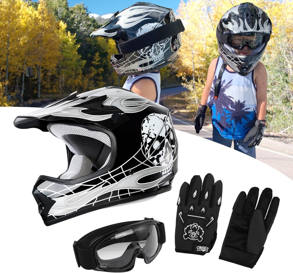 DOT Youth Kids Motocross Offroad Street Dirt Bike Helmet W/Goggles Gloves ATV Mx Skull Helmet