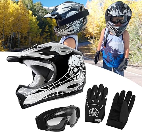 XFMT DOT - Casco de motocross para niños y jóvenes, con gafas y guantes ATV Mx Skull