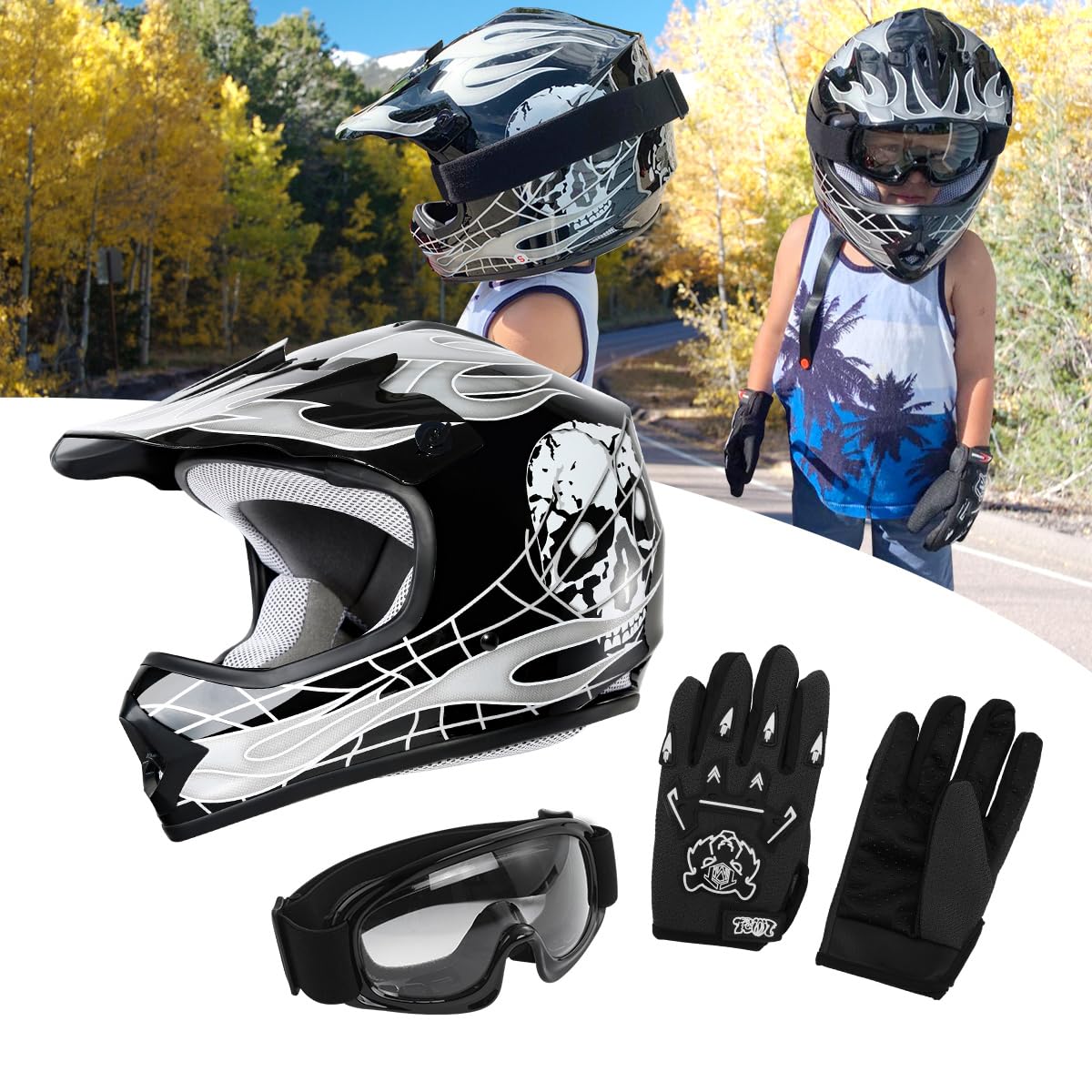 DOT Youth Kids Motocross Offroad Street Dirt Bike Helmet W/Goggles Gloves ATV Mx Skull Helmet