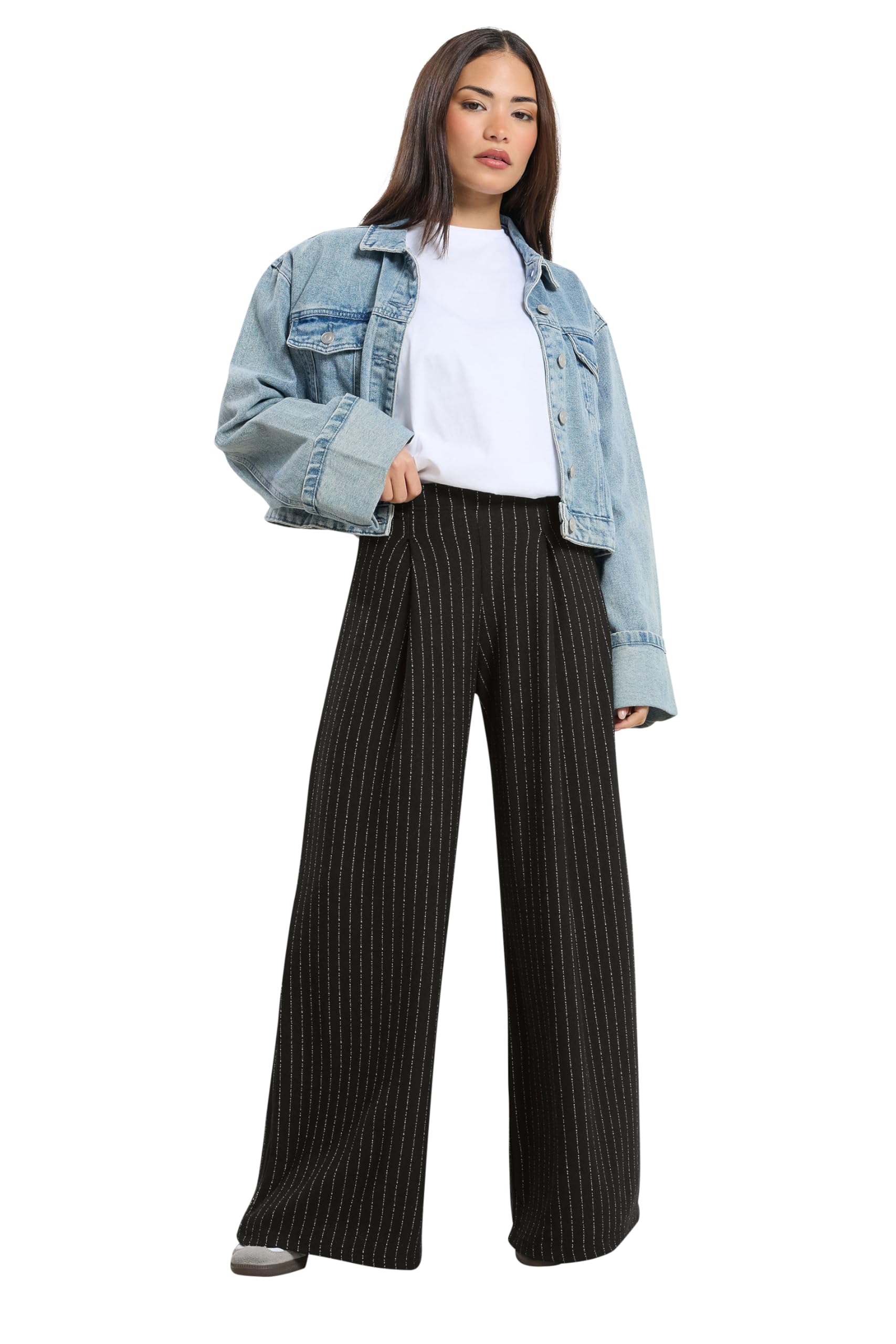 Pixiegirl Women's Black Petite Pinstripe Palazzo Wide Leg Trousers Size 12