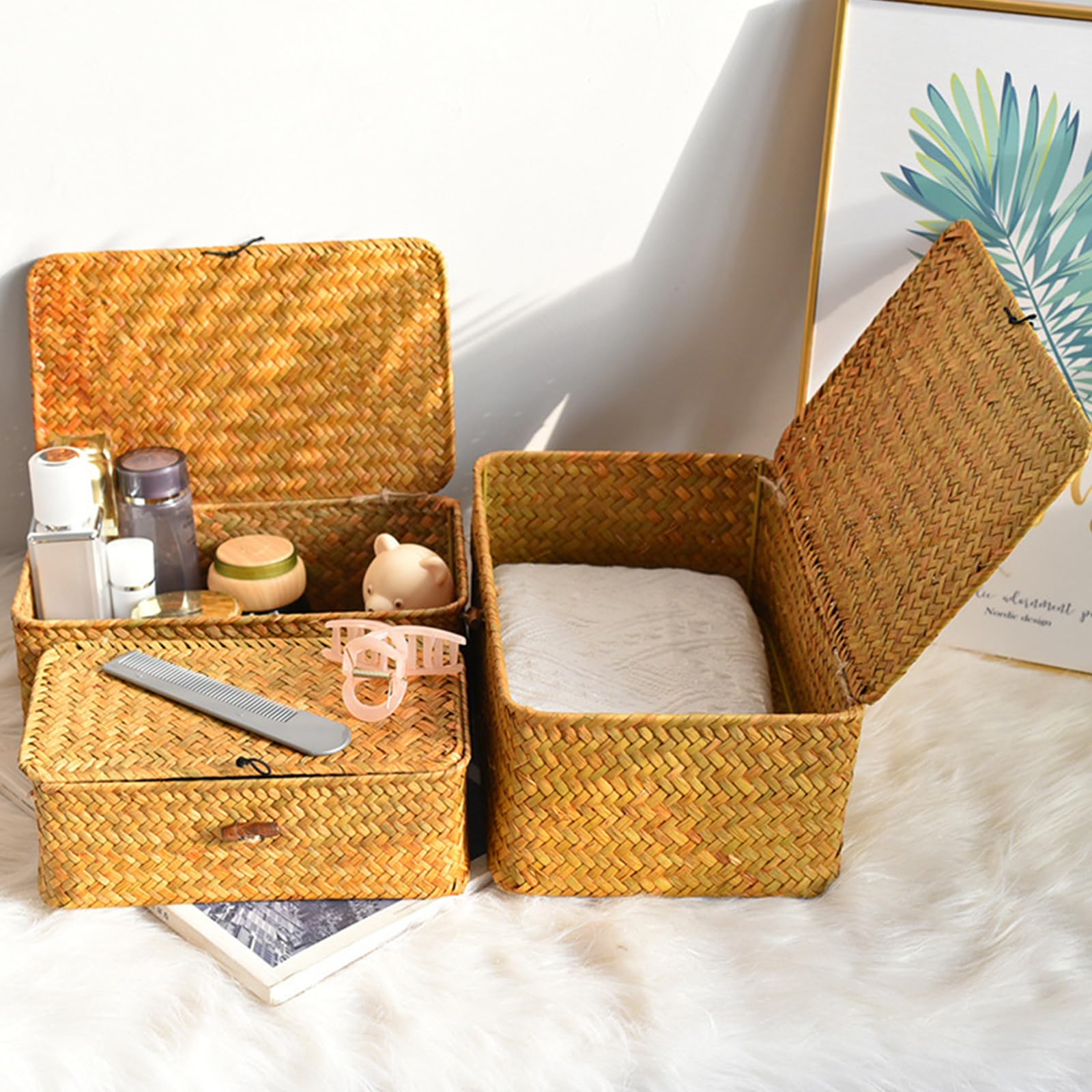 APACALI 3 Pezzi Cestino in Rattan, Cesto Rettangolare in Crine Vegetale con Coperchio, Cesto Naturale Intrecciato in Crine Vegetale, Cestini in Vimini per Scaffali, Organizzazione in Crine Vegetale