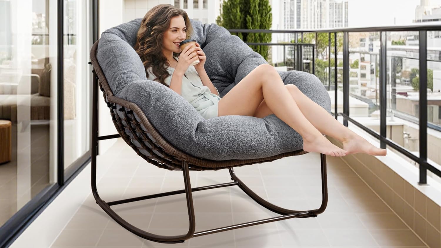 Oversized Papasan Rocking Chair - Outdoor Luxury Comfy Patio Chair Set of 2 Indoor Egg Royal Double Rattan Rocking Chair with Cushion for Front Porch Lounge Lawn Bedroom (Grey Teddy)