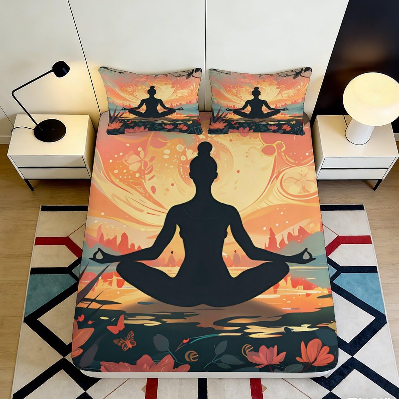 3D Printed Yoga Sunset Fitted Sheet Microfiber Silhouette Meditation Mattress Cover Bedroom Dorm Decor Orange Art 90x200x25cm